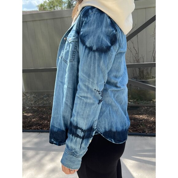 Sundry | Denim Tie Dye Long Sleeve Shirt | Star Heart Embroidery on Elbows | M - Picture 4 of 12